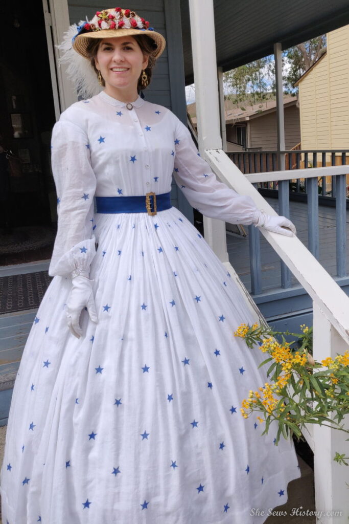 Victorian Civil War Dress white with blue stars and straw hat