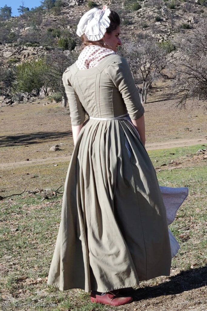 18th Century Commoner Wool English Gown with Hand sewn pleated back and linen cap