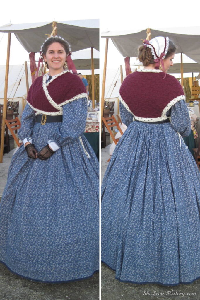 Blue civil war victorian dress with wool knit sontag from godeys lady's book