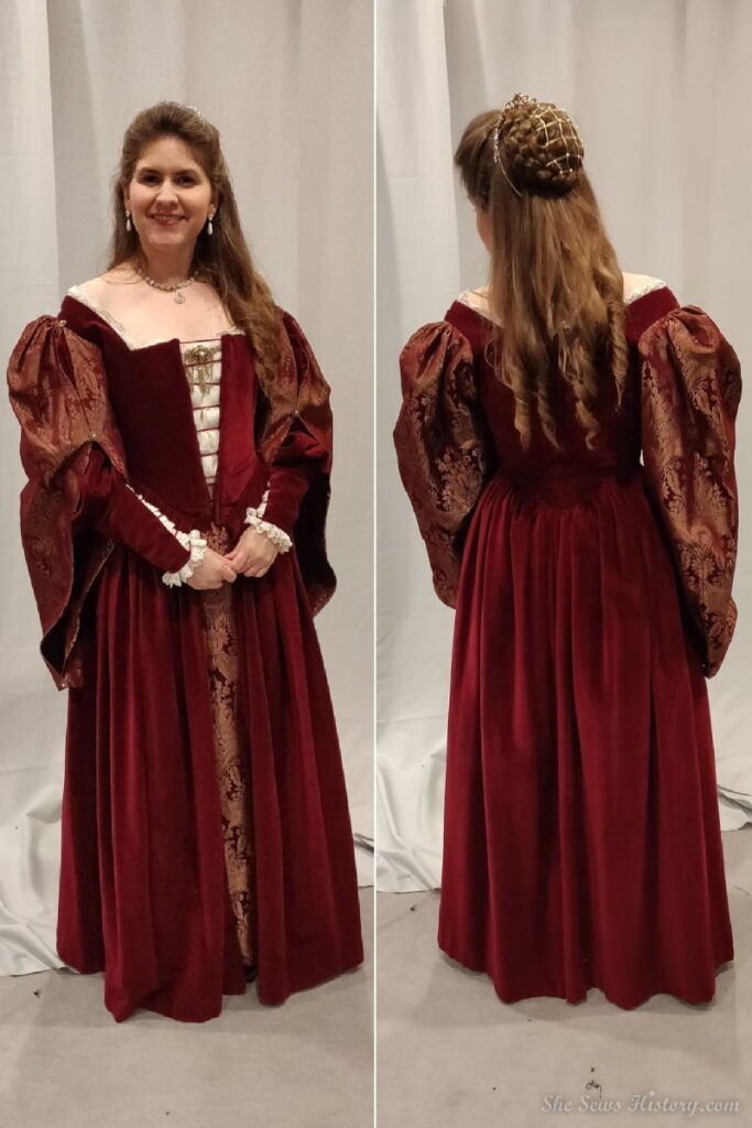 Red Velvet and Damask Italian Renaissance Gown with elaborate hairstyle