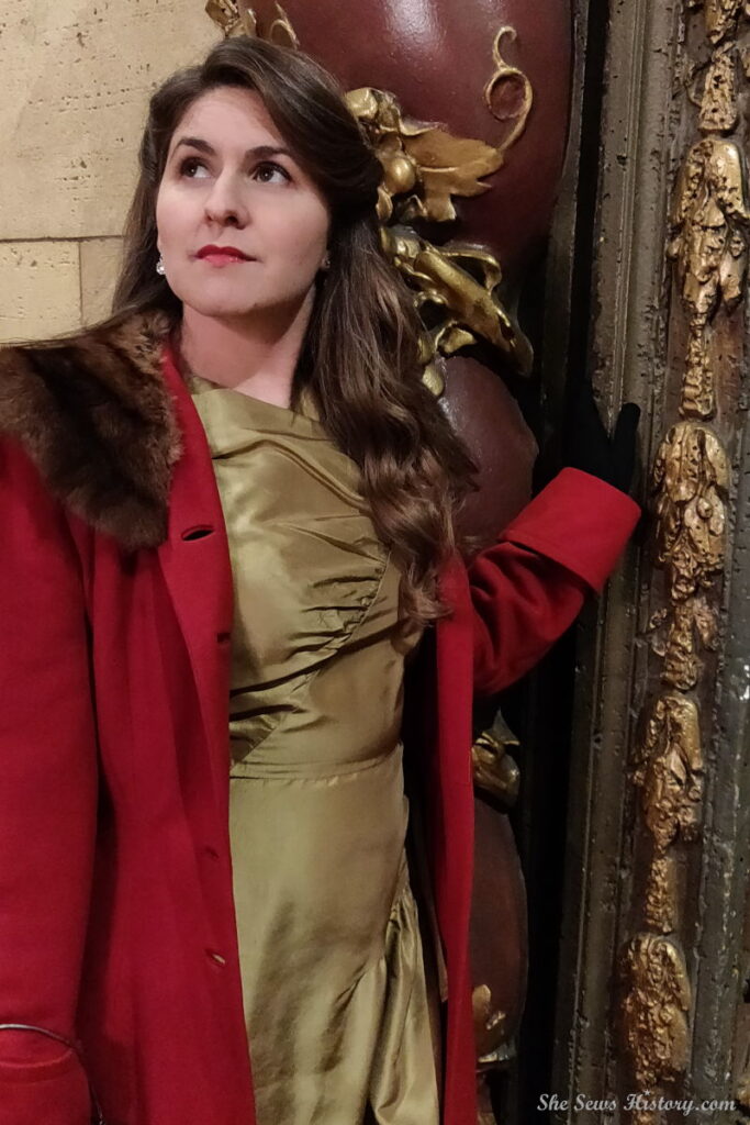 Red Vintage Coat with fur collar worn over Gold 1940s gown at Millenium Biltmore